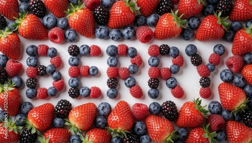 Flat lay various fruits arranged shape word strawberry include strawberries blueberries raspberries blackberri