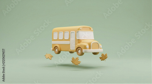 Yellow school bus floating with maple leaves. Minimalist 3D render of transportation vehicle. Academic concept representing back to school season, education, student commute and autumn time