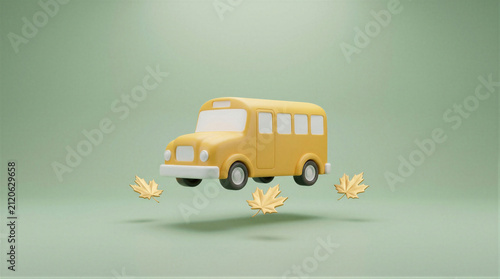 Yellow school bus floating above falling autumn leaves. 3D rendered cartoon vehicle for educational transport concept. Back to school season icon for primary school student logistics