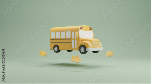 Yellow school bus floating above falling autumn leaves. 3D render of a transport vehicle for students. Back to school concept, education symbol, seasonal academic year start design element