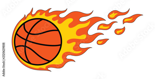 Konstfotografi Flaming Basketball: A dynamic illustration of a basketball engulfed in vibrant flames, symbolizing intense competition and explosive action in the sport