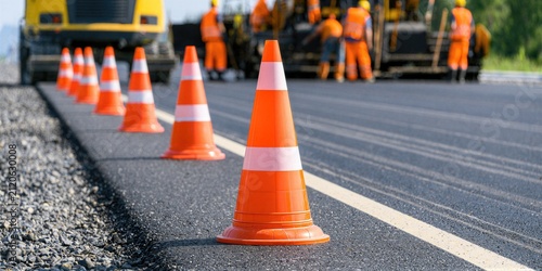 Road construction. Highway paving crew installs fresh asphalt while traffic cones secure the work zone during road maintenance and infrastructure improvement.