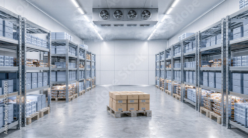Cold storage warehouse. Refrigerated distribution center stores temperature-sensitive products on industrial shelving for food logistics and cold chain supply.
