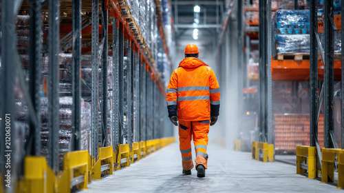 Cold storage warehouse. Worker moves palletized frozen products through a refrigerated storage facility, maintaining temperature-controlled logistics and food supply operations.