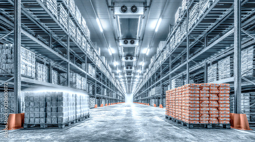 Cold storage warehouse. Refrigerated logistics facility stores temperature-sensitive goods on industrial shelving,