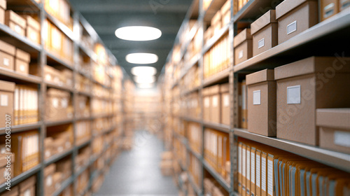 Archive storage. Long term document archive with organized shelving, record boxes and file folders for secure records management, business storage and document preservation.
