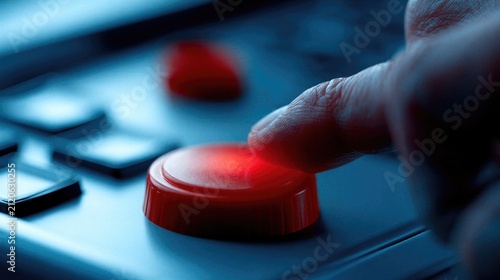 Industrial safety. Finger presses an emergency stop button on a machine control panel to shut down equipment and protect workers during hazardous conditions.