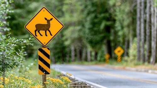 Road safety. Deer crossing warning sign alerts drivers to reduce speed and watch for wildlife on a forest highway to prevent animal vehicle collisions.