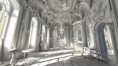 Ornate Baroque Interior Corridor with Elaborate Stucco and Sunlit Arched Windows