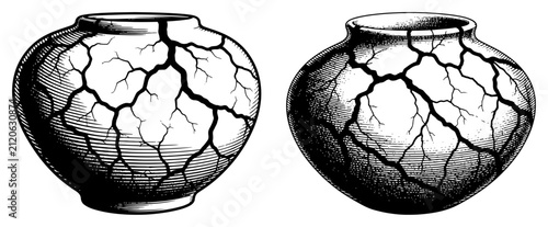 Konstfotografi Broken ceramic pots with cracks, vintage engraving vector illustration of two cr