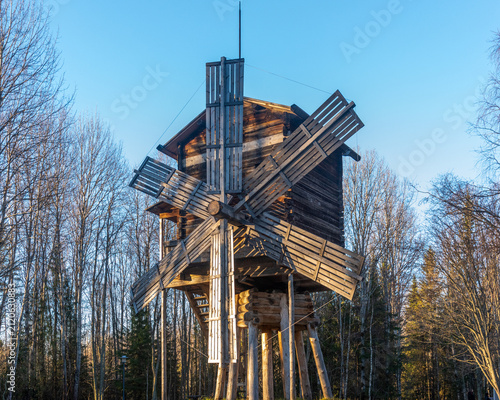 Close-up of rustic wooden windmill blades Museum of Wooden Architecture in Malye Karely, Arkhangelsk Region