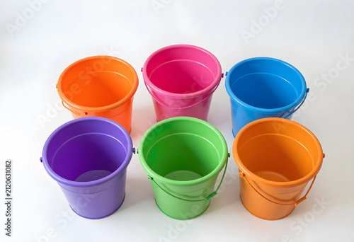 Six colorful plastic bucket...