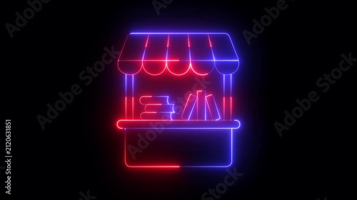 glowing neon Bookstore and Book Stall icon isolated on black background. Literature Stand symbols. 4k video animation.