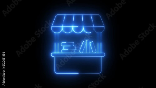 glowing neon Bookstore and Book Stall icon isolated on black background. Literature Stand symbols. 4k video animation.