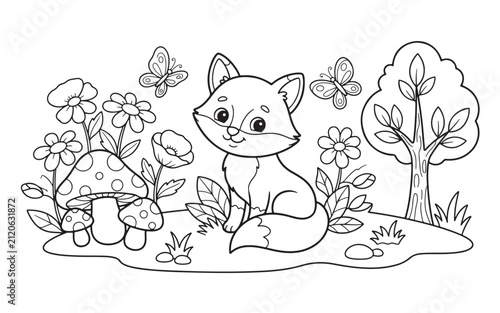Cute little fox sitting in a forest clearing coloring page vector illustration
