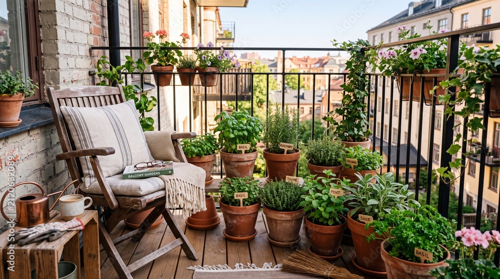 Fototapeta premium Cozy balcony garden with potted herbs. Relaxing urban terrace with wooden chair and plants.