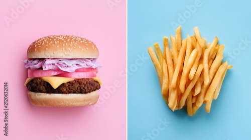 Pink frosted donut with sprinkles and chocolate drizzle, isolated on pink and blue backgrounds