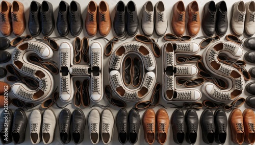 Collage multiple pairs shoes arranged shape letter different colors styles including brown black white beige h