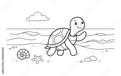 Cute sea turtle walking on the beach coloring page vector illustration