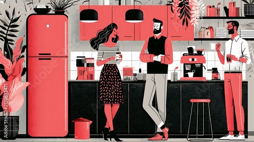 Red and black of three women in a salon setting red and black color scheme