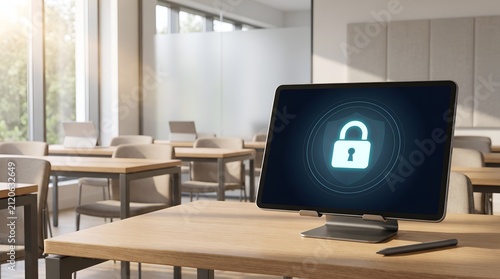 Student data privacy concept featuring glowing padlock on digital tablet in empty modern classroom for elearning cybersecurity
