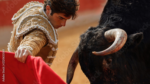 Matador facing bull in Portuguese bullfight arena. Professional bullfighter performing traditional ritual with red cape. Cultural heritage, bravery and focus in classic sport event.