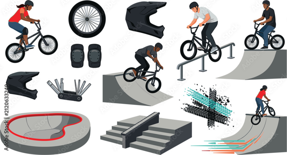 Fototapeta premium BMX bike extreme sports vector elements set with riders doing stunts on ramps rails pools and safety gear