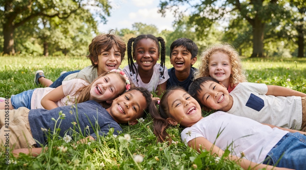 Fototapeta premium Diverse group of happy children laughing and lying on green grass in a park on a sunny day