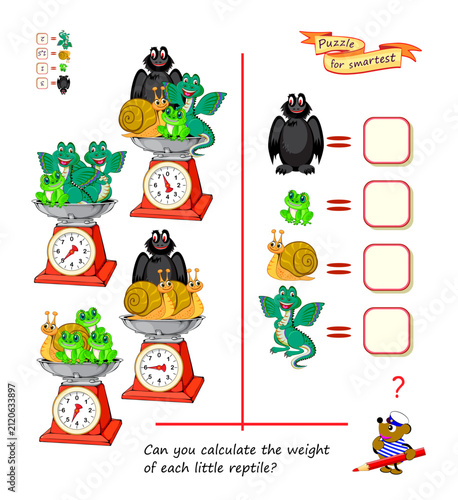 Can you calculate the weight of each little reptile? Mathematical logic puzzle game with scales for smartest. Page for kids brain teaser book. Develop counting skills. Hand drawn vector illustration
