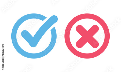 Bild auf Leinwand Check and Cross Symbols: A simple illustration depicting a blue checkmark inside a circle and a red cross inside a circle, symbolizing correct and incorrect choices