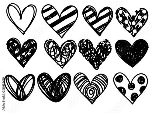 Set of hand drawn love heart valentines doodle sketch on transparent background