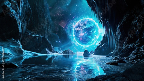 Otherworldly Glowing Blue Portal Nestled Inside an Ice-Cavern With Mirrorlike Waters