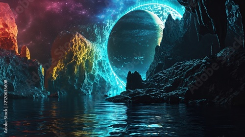 Otherworldly Neon Coastal Landscape with a Giant Blue Planet Illuminating the Horizon