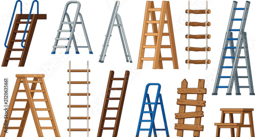 Ladder and Stepladder Vector Icon Set with Wooden Aluminum Rope Extension and Step Stool Construction Construction Equipment