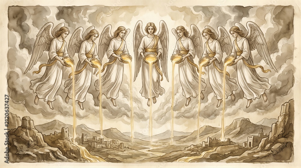 Obraz premium Seven angels pouring golden bowls of divine wrath over earth. Biblical apocalypse scene depicting God judgment and end of time from Revelation. Religious illustration of spiritual event.