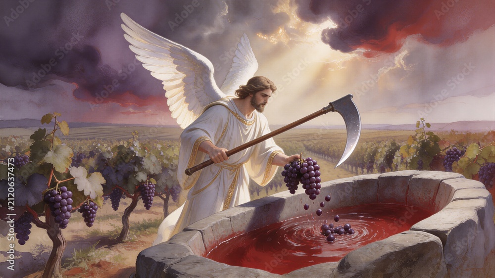 Obraz premium Angel as man with scythe collecting purple grape for wine press in vineyard. Biblical apocalypse scene representing judgment and harvest. Concept of spiritual harvest and prophecy.