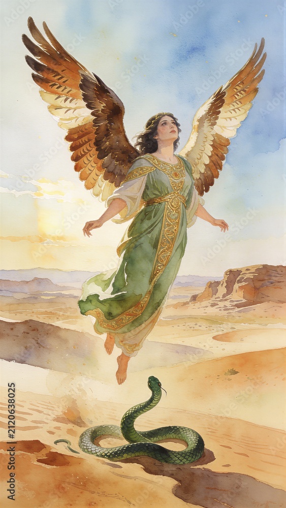 Obraz premium Woman angel with wings floating above a desert with a green snake. Biblical scene of divine struggle against evil. Concept of spiritual warfare, heaven, redemption and revelation.