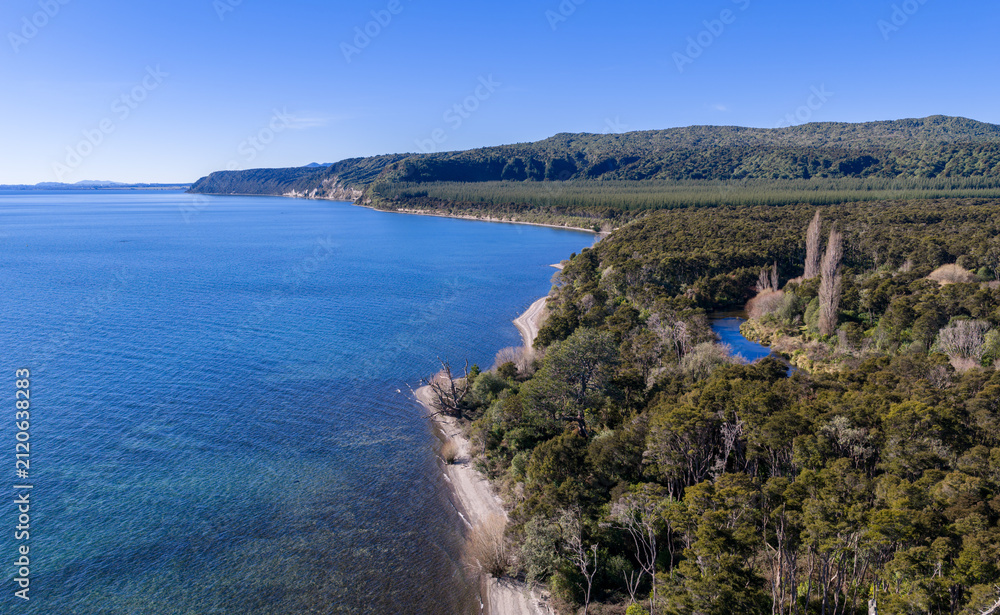 Obraz premium Aerial view of the lush, forested coastline and deep blue waters of Lake Taupō in the Taupō region of New Zealand on a sunny day.