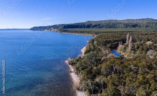 Aerial view of the lush, forested coastline and deep blue waters of Lake Taupō in the Taupō region of New Zealand on a sunny day.