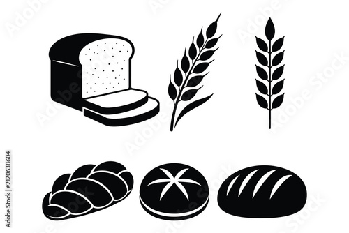 Collection of various types of artisan bread and wheat stalk silhouettes for icons