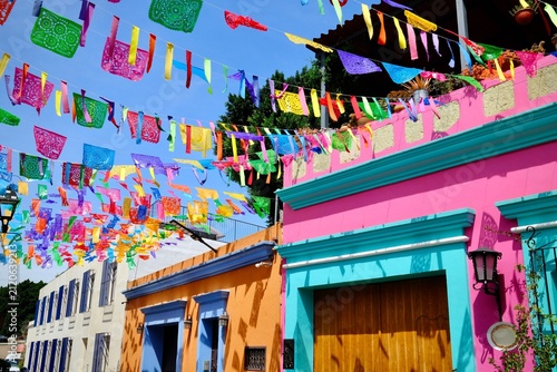 Colorful Street Facades Decorated with Papel Picado Banners in Jalatlaco (Oaxaca de Juarez, Oaxaca, Mexico)