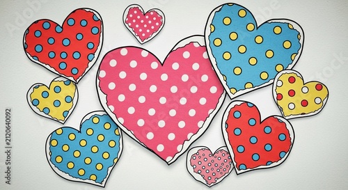 Colorful dotted heart shapes arranged on white background love and affection