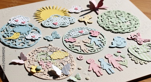 Colorful paper cutouts sun clouds people butterflies decorative elements
