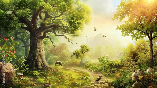 Peaceful sunlit forest clearing with ancient trees and grazing wildlife in morning light