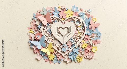 Heart symbol surrounded by flowers and butterflies design on neutral background