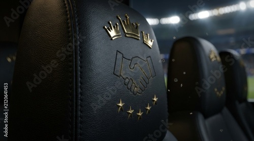 Photorealistic Macro of Black Full-Grain Leather with Gold Dust Handshake, Brass VIP Crowns, and Floating Icons