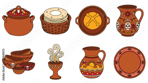 Mexican traditional clay pottery vector set for Dia de los Muertos altar celebration featuring terracotta pots tortillas pitcher and incense burner.