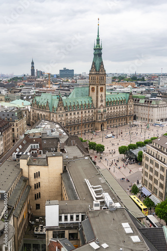Aerial View of Hamburg Town Hall Rathaus and Rathausmarkt Square from St Petri Church Tower