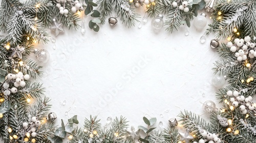 Christmas Background with Snowy Pine Branches and Winter Holiday Decoration