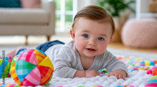 Infant lies on play mat in living room with colorful toys and natural light shining through window Generative AI